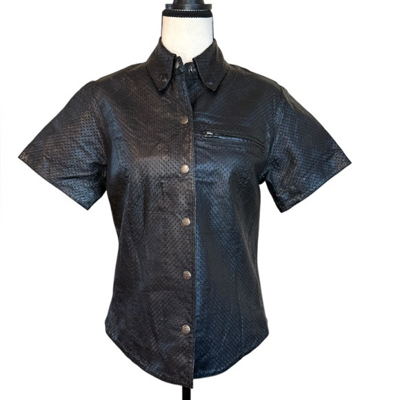Harley-Davidson Women’s Genuine Leather XS Black Short Sleeve Button-Up Top - Picture 1 of 11